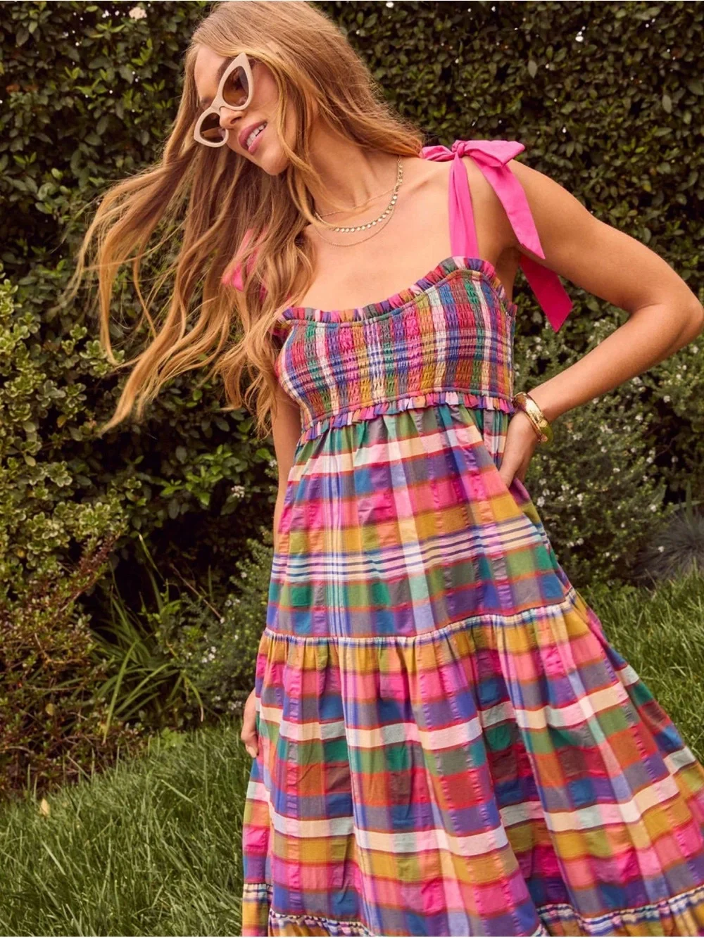 Vici Multi-Color Plaid Maxi Dress with Pink Tie Straps - Picture 2 of 3